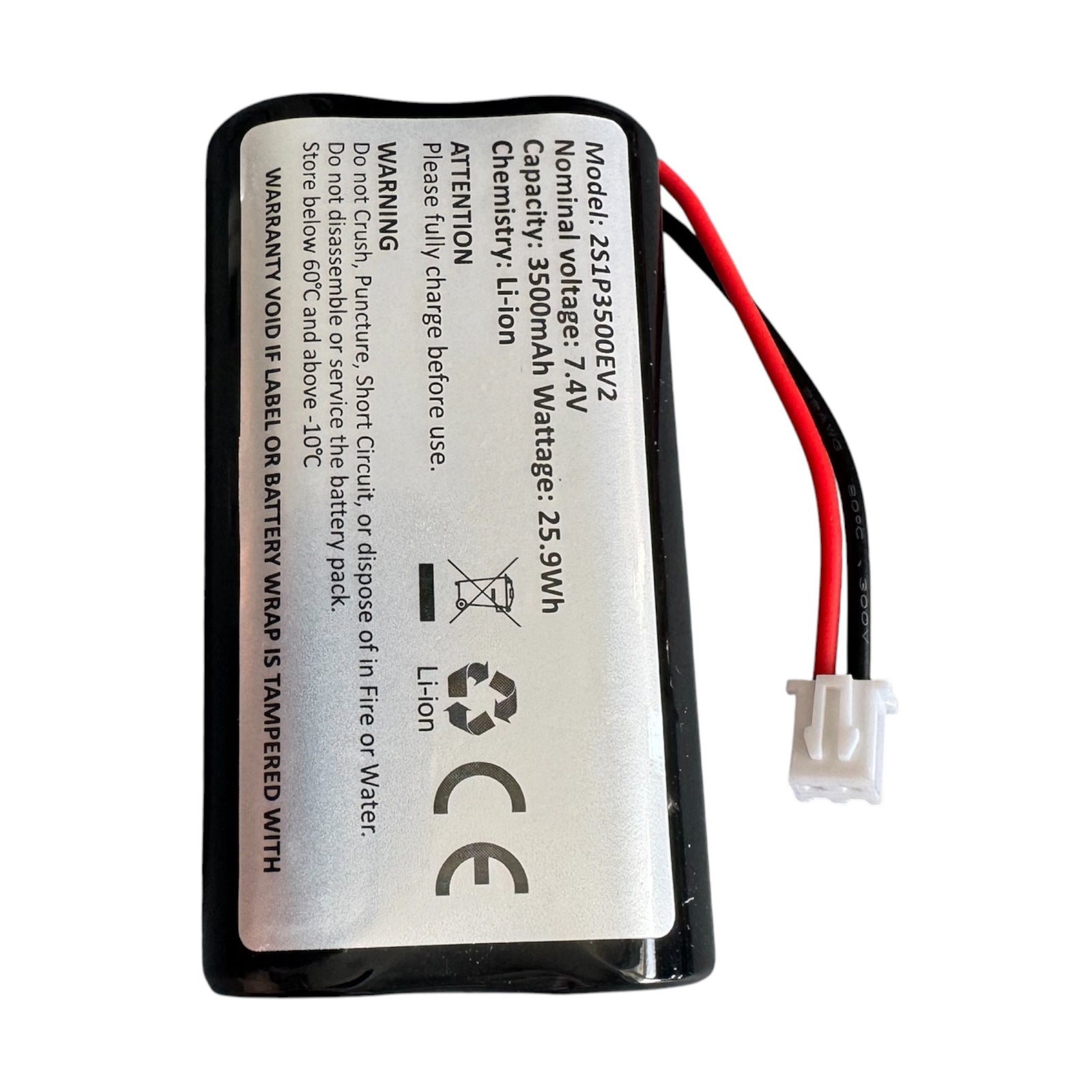 2s1p 7.4V li-ion rechargeable battery pack with 3500mAh 