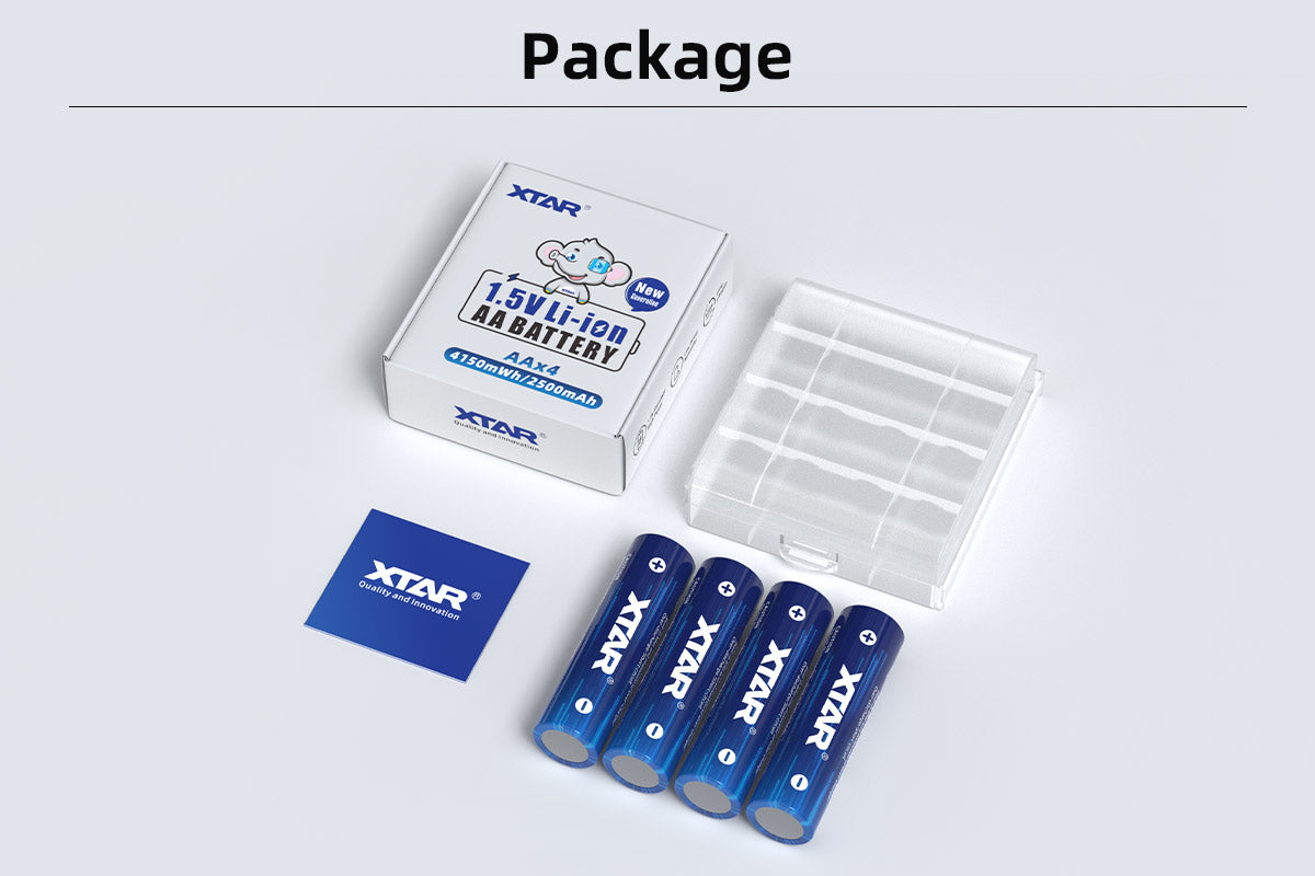 pack of 4 xtar aa 1.5v 2500mah li-ion battery in storage case