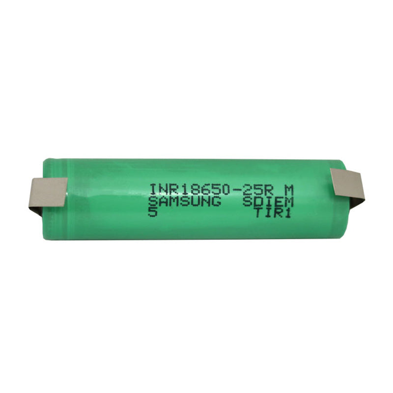 Samsung 25R 18650 Li ion battery with solder tabs (U and Z style tabs)